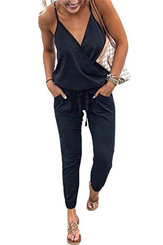 Ajpguot Verano Mujer V-Cuello Sin Mangas Monos Color sólido Mamelucos Sexy Sin Respaldo Jumpsuits de Playa Rompers (M, Negro)