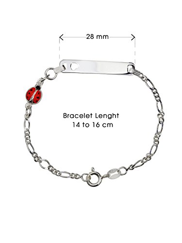 AKA Joyas - Pulsera ID Placa Plata de Ley 925 con Colgante Mariquita Esmaltada, Regalo para niñas