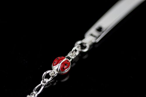 AKA Joyas - Pulsera ID Placa Plata de Ley 925 con Colgante Mariquita Esmaltada, Regalo para niñas