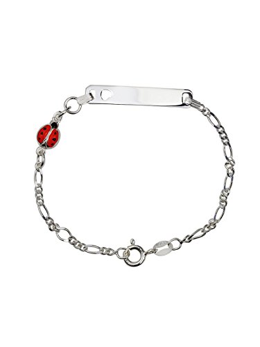 AKA Joyas - Pulsera ID Placa Plata de Ley 925 con Colgante Mariquita Esmaltada, Regalo para niñas