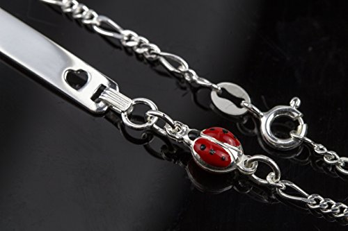 AKA Joyas - Pulsera ID Placa Plata de Ley 925 con Colgante Mariquita Esmaltada, Regalo para niñas