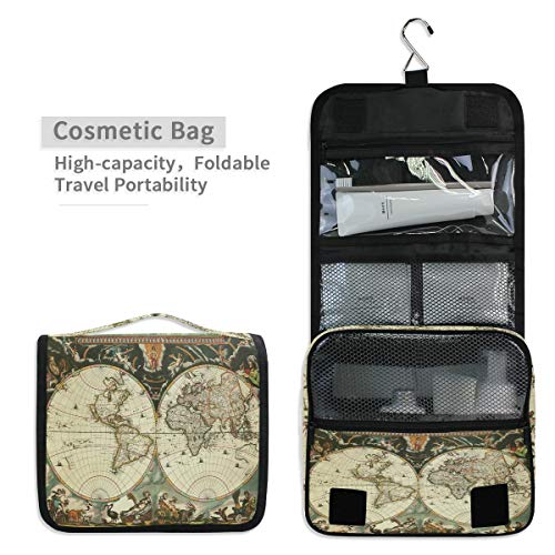 Alarge - Bolsa de aseo colgante para colgar en el mapa del mundo antiguo, hemisferios, bolsa de lavado grande, portátil, bolsa de cosméticos de viaje, organizador de maquillaje para mujeres y hombres