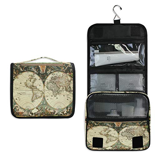 Alarge - Bolsa de aseo colgante para colgar en el mapa del mundo antiguo, hemisferios, bolsa de lavado grande, portátil, bolsa de cosméticos de viaje, organizador de maquillaje para mujeres y hombres
