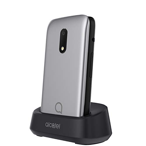 Alcatel 3026 - Teléfono móvil de fácil uso con tapa y base para cargar - botón SOS - Cámara 2MP con flash - teclas grandes - Plateado