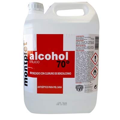Alcohol etilico con benzalconio 70° MONTPLET Envase 5 Litros. Etanol.Producto registrado.