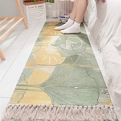 Alfombra Tejida a Mano con Borlas, Morbuy Algodón y Lino Estampadas Esterilla Lavable, Decorativo Manta Té Cuarto de Estar Alfombra Mesita Área de Alfombra (60x150cm,Ginkgo biloba)