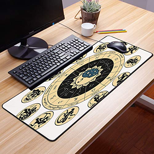 Alfombrilla goma antideslizante para ratón,Astrología, tabla de horóscopo tribal étnico con impresión de imagen de signos y nombres, negro blan,Lavable, con diseños, para Gamers, PC y Portátil60x35 cm