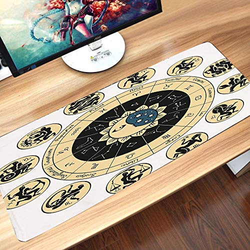 Alfombrilla goma antideslizante para ratón,Astrología, tabla de horóscopo tribal étnico con impresión de imagen de signos y nombres, negro blan,Lavable, con diseños, para Gamers, PC y Portátil60x35 cm