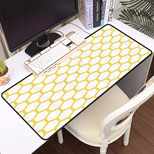 Alfombrilla Raton Grande Gaming Mouse Pad,Amarillo y blanco, patrón hexagonal Panal Colmena Simplista Geométrico Monocromo, blan,Lavable, Antideslizante Diseñada para Gamers, Trabajo de Oficina