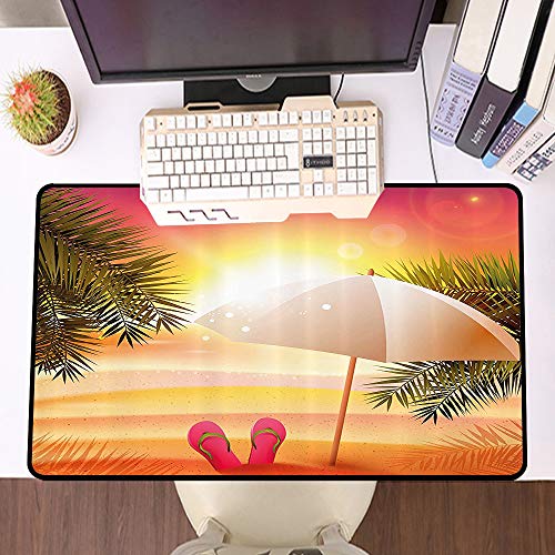 Alfombrilla Raton Grande Gaming Mouse Pad,Naranja, puesta de sol en la playa con chanclas, paraguas y palmeras ilustración, blan,Lavable, Antideslizante Diseñada para Gamers, Trabajo de Oficina