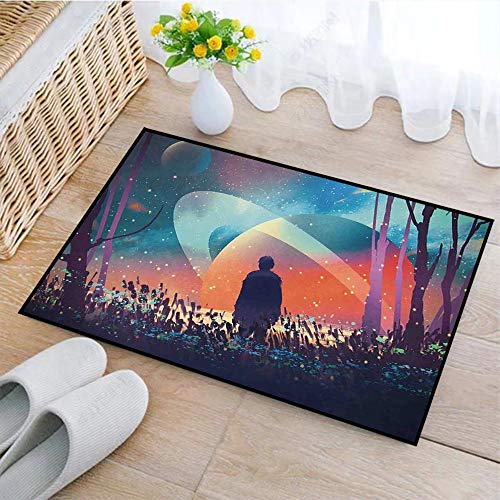 Alfombrillas de baño,Fantasy Art Decor, Hombre solo bajo los vibrantes reflejos de los planetas Galaxy Space Cosmos Ar,de Microfibra Antideslizante Absorbente Alfombra de Baño Máquina Lavable,,45x75cm