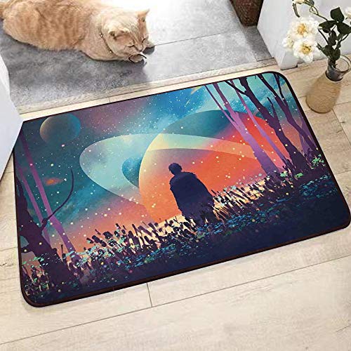 Alfombrillas de baño,Fantasy Art Decor, Hombre solo bajo los vibrantes reflejos de los planetas Galaxy Space Cosmos Ar,de Microfibra Antideslizante Absorbente Alfombra de Baño Máquina Lavable,,45x75cm