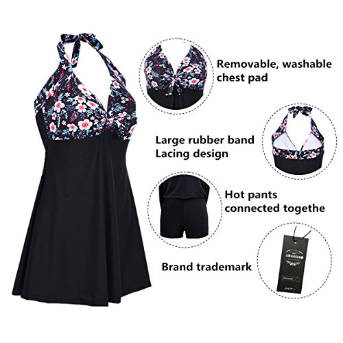 ALICECOCO Señoras Retro Polka Traje de baño más Traje de baño de tamaño de una Pieza con Fondo Boyshort (Flores, 5XL)