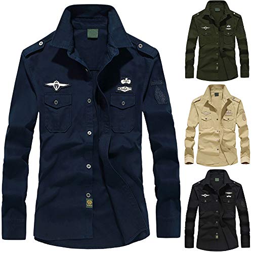 ALIKEEY Men 'S Retro Tooling Solapa Cotton Casual Camisa De Manga Larga para Hombres Otoño Carga Militar Botón Top Blusa Vestido De Slim