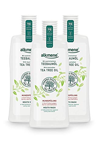 alkmene Enjuague bucal con aceite de árbol de té con protección 6 veces mayor - Protege contra la caries, los ácidos de azúcar, el sarro - Enjuague dental en paquete de 3 (3x 500 ml)