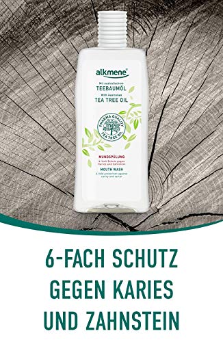 alkmene Enjuague bucal con aceite de árbol de té con protección 6 veces mayor - Protege contra la caries, los ácidos de azúcar, el sarro - Enjuague dental en paquete de 6 (6x 500 ml)
