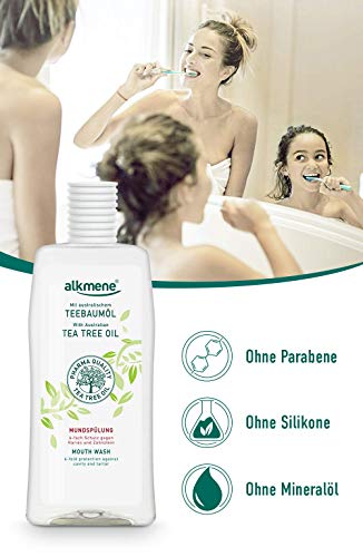 alkmene Enjuague bucal con aceite de árbol de té con protección 6 veces mayor - Protege contra la caries, los ácidos de azúcar, el sarro - Enjuague dental en paquete de 6 (6x 500 ml)