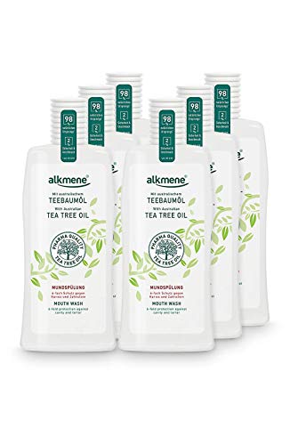 alkmene Enjuague bucal con aceite de árbol de té con protección 6 veces mayor - Protege contra la caries, los ácidos de azúcar, el sarro - Enjuague dental en paquete de 6 (6x 500 ml)