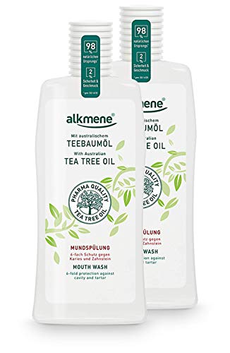 alkmene Enjuague bucal con aceite de árbol de té con protección 6 veces mayor - Protege contra la caries, los ácidos de azúcar, el sarro - Enjuague dental en paquete de 2 (2x 500 ml)