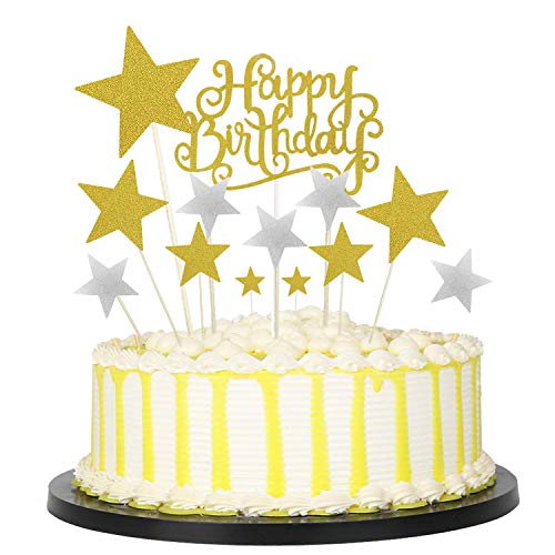 Allazone Decoraciones para Tarta, 1 Pz Oro Happy Birthday y 12 Pz Palillos con Estrellas Doradas y Plateadas, Happy Birthday Topper Decoración para Cumpleaños Baby Shower Fiesta Temática