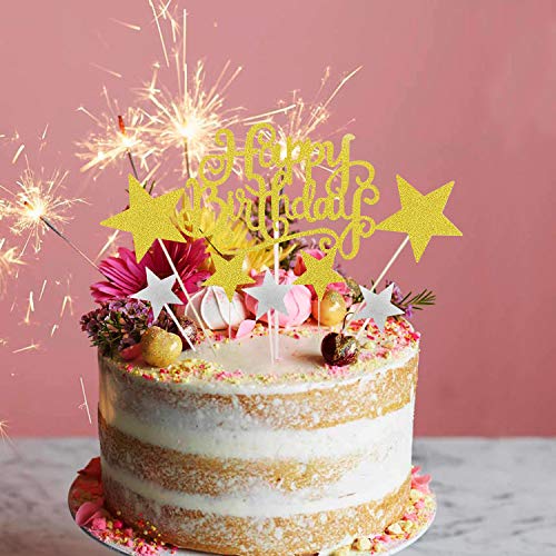 Allazone Decoraciones para Tarta, 1 Pz Oro Happy Birthday y 12 Pz Palillos con Estrellas Doradas y Plateadas, Happy Birthday Topper Decoración para Cumpleaños Baby Shower Fiesta Temática