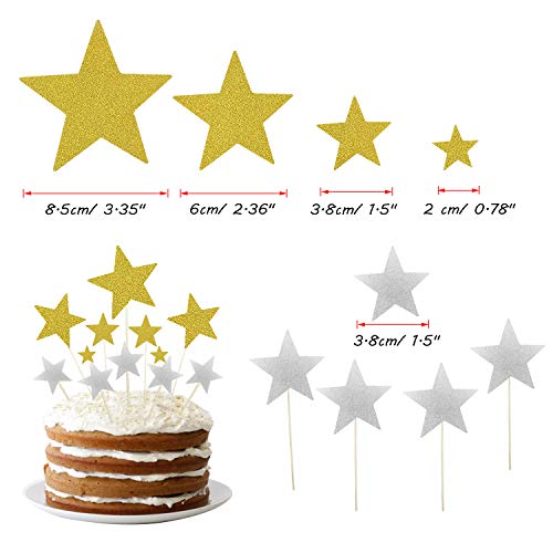 Allazone Decoraciones para Tarta, 1 Pz Oro Happy Birthday y 12 Pz Palillos con Estrellas Doradas y Plateadas, Happy Birthday Topper Decoración para Cumpleaños Baby Shower Fiesta Temática