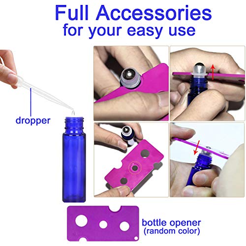 Alledomain, 10 Botellas de 10 ml de aceites Esenciales, Botellas de Vidrio Recargables de Color Azul Cobalto con Bolas de Acero Inoxidable, Incluye 1 cuentagotas y abridor