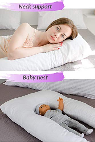 Almohada de embarazo y maternidad de cuerpo completo para dormir y para adultos - Forma de U - 100% algodón, 100% algodón, Blanco, 140x85x20cm