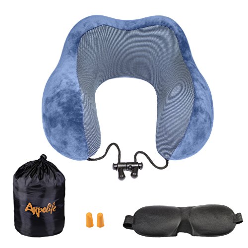 Almohada de Viaje Cervical Viscoelástica con Funda - Kit con Antifaz y Tapones para Dormir - Cojín Cuello para Avión y Coche