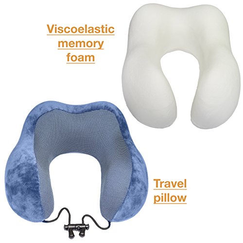Almohada de Viaje Cervical Viscoelástica con Funda - Kit con Antifaz y Tapones para Dormir - Cojín Cuello para Avión y Coche