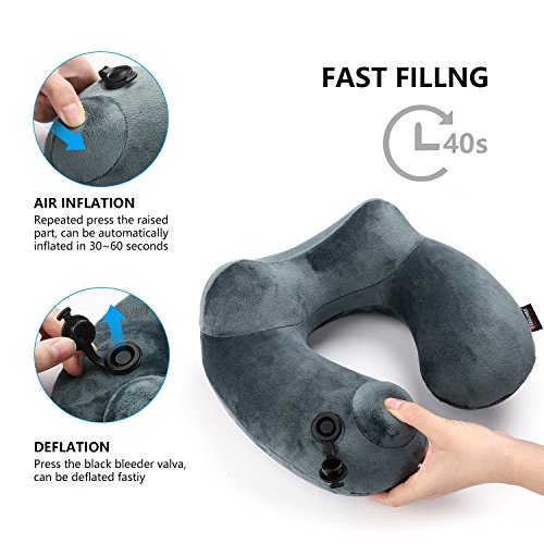 Almohada de Viaje Cuello Hinchable y viscoelastica, cojin Cervical Adulto para Cabeza, Barbilla y Cuello en Avion, Coche y Tren (Grau)