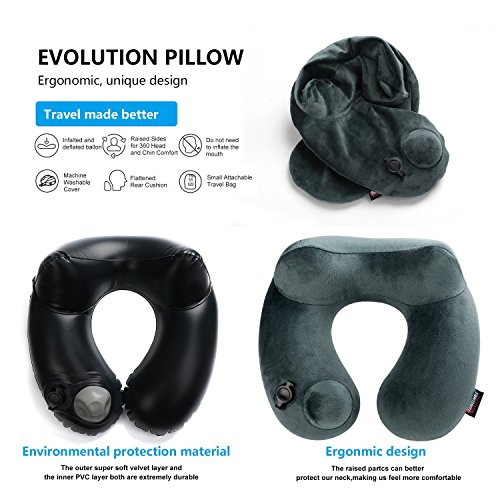 Almohada de Viaje Cuello Hinchable y viscoelastica, cojin Cervical Adulto para Cabeza, Barbilla y Cuello en Avion, Coche y Tren (Grau)