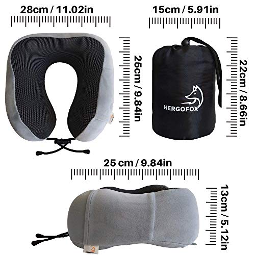 Almohada de Viaje ergonómica viscoelástica U. Kit Almohada Gris, Bolsa, Mascara y Tapones oídos. Espuma Memoria Cuello Cervical. Avión, Tren, Coche o transporte. Funda Suave cómoda y Lavable. Hergofox