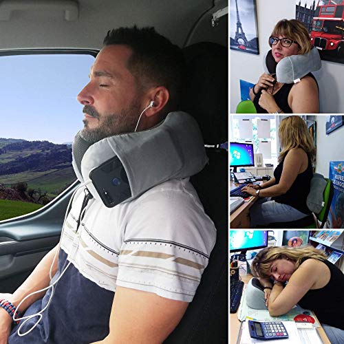Almohada de Viaje ergonómica viscoelástica U. Kit Almohada Gris, Bolsa, Mascara y Tapones oídos. Espuma Memoria Cuello Cervical. Avión, Tren, Coche o transporte. Funda Suave cómoda y Lavable. Hergofox