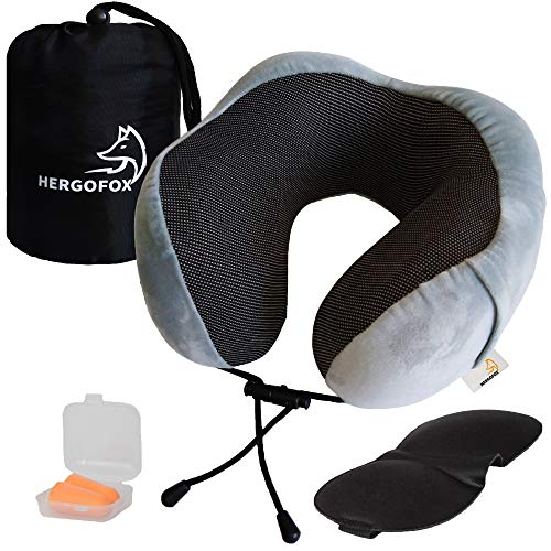 Almohada de Viaje ergonómica viscoelástica U. Kit Almohada Gris, Bolsa, Mascara y Tapones oídos. Espuma Memoria Cuello Cervical. Avión, Tren, Coche o transporte. Funda Suave cómoda y Lavable. Hergofox
