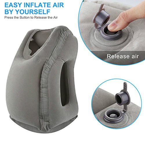 Almohada de viaje, Makone Almohadón Inflable Portátil Soft PVC and Flocking for Siesta in Office, Airplane, Train or Car (Gris)