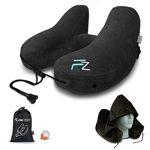 Almohada Inflable para Cuello de FlowZoom - Cojín Inflable para Viajar en Avión Coche y Tren - Almohada Cervical Rápidamente Inflable con Soporte para Cuello y Barbilla - Ideal para Viajes Largos