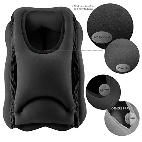 Almohadas de viaje, HOMCA Multi-funcional inflable almohadilla de siesta cómodo cojín de viaje con máscara de ojo para aviones, coches, autobuses, trenes (Negro)