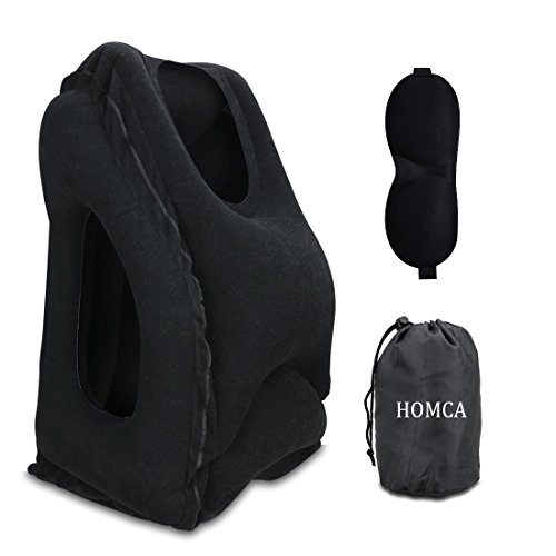Almohadas de viaje, HOMCA Multi-funcional inflable almohadilla de siesta cómodo cojín de viaje con máscara de ojo para aviones, coches, autobuses, trenes (Negro)
