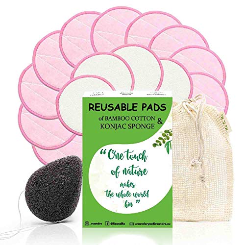Almohadillas Desmaquilladoras Reutilizables de Algodón de Bambú con Esponja Exfoliante de Konjac y Bolsa de Lavandería - Productos Ecológicos todo tipo de Piel - Juego Lavable con Cero Residuos