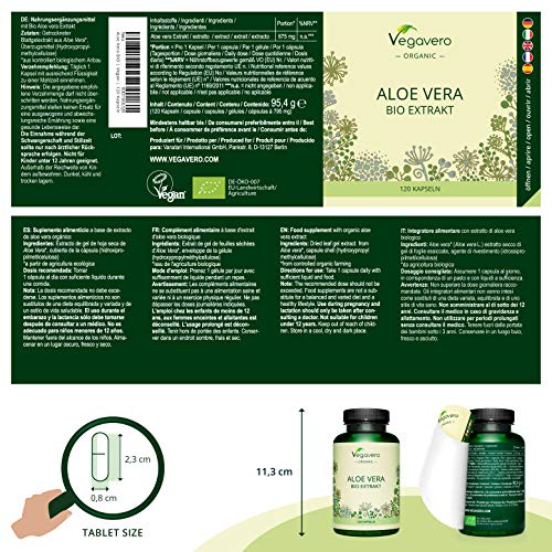 Aloe Vera BIO Vegavero® | De España | Extracto de Gel de la Hoja: Más Nutrientes | 675 mg | Sin Aditivos | Sin GMO | 120 Cápsulas