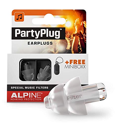 Alpine PartyPlug Tapones para los oídos para Fiestas, festivales de música y conciertos - Gran calidad musical - Cómodo material hipoalergénico + Contenedor llavero - Tapones reutilizables - Clear