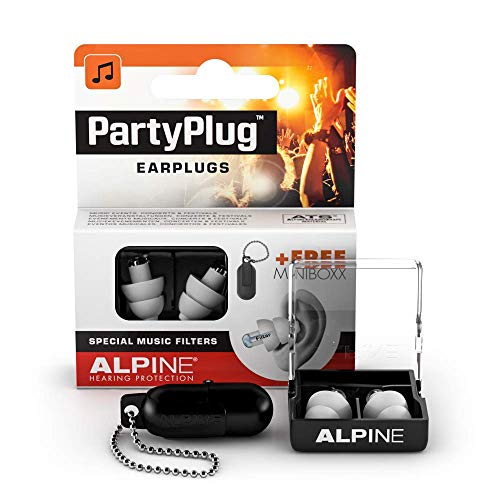Alpine PartyPlug Tapones para los oídos para Fiestas, festivales de música y conciertos - Gran calidad musical - Cómodo material hipoalergénico + Contenedor llavero - Tapones reutilizables - Blanco