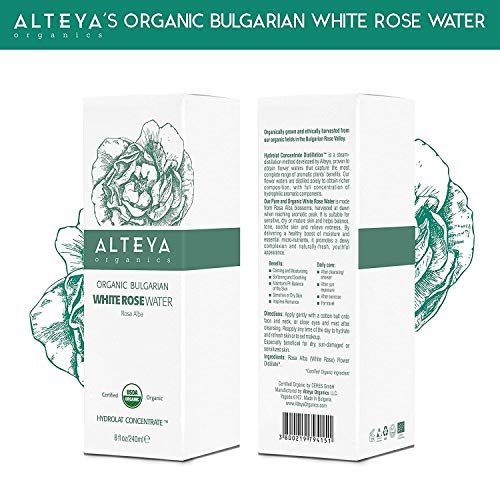 Alteya - Botella de agua de rosa blanca orgánica de 120 ml - 100% USDA certificado orgánico auténtico natural rosa Alba flor agua destilada y vendida directamente por el Rose Grower Alteya Organics
