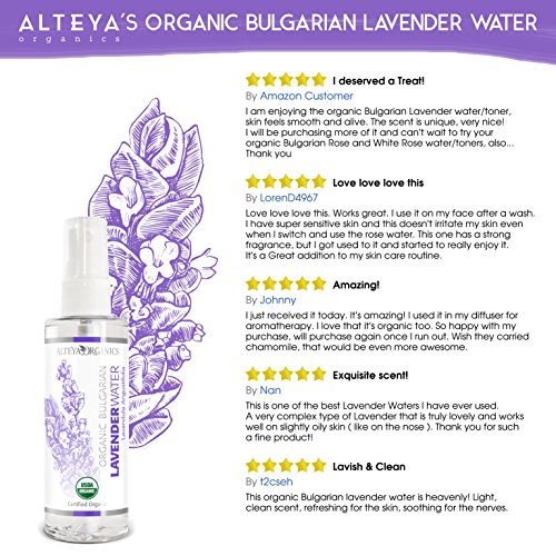 Alteya Organic Agua Floral de Lavanda 100 ml Spray – Antiséptico y Antiinflamatorio - Producto Orgánico con Certificado USDA, Destilado al Vapor de Flores de Lavandula Angustifolia Búlgara y Vendido por el Propio Cultivador y Destilador Alteya Organics