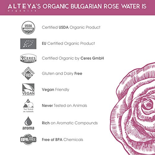 Alteya Organic agua floral de rosa (rosa damascena) 250 ml – botella - 100% puro orgánico bio producto con certificado USDA, obtenido por destilación al vapor de frescas flores cosechas a mano, vendido directamente por el cultivador y destilador Alteya Or