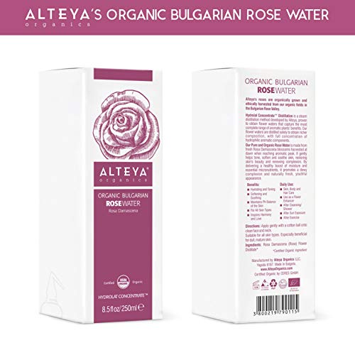 Alteya Organic agua floral de rosa (rosa damascena) 250 ml – botella - 100% puro orgánico bio producto con certificado USDA, obtenido por destilación al vapor de frescas flores cosechas a mano, vendido directamente por el cultivador y destilador Alteya Or