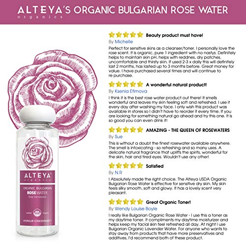 Alteya Organic agua floral de rosa (rosa damascena) 250 ml – botella - 100% puro orgánico bio producto con certificado USDA, obtenido por destilación al vapor de frescas flores cosechas a mano, vendido directamente por el cultivador y destilador Alteya Or