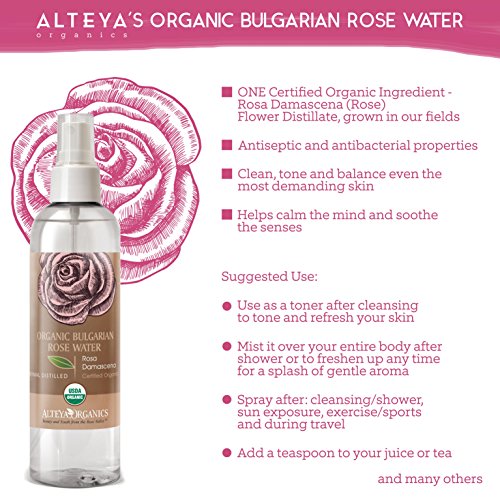 Alteya Organic Agua Floral de Rosa (Rosa Damascena) 250 ml – Spray - 100% Puro Natural Bio Producto con Certificado USDA, Obtenido por Destilaciуn al Vapor de Frescas Flores Cosechas a Mano, Vendido Directamente por el Cultivador y Destilador Alteya Organ