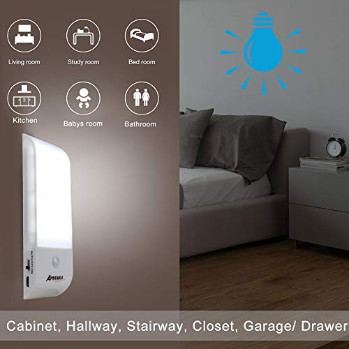 AMANKA Lámpara Nocturna Luces Led con Sensor de Movimiento 12LED Luz Recargable USB con 3 Modos Cinta Adhesiva Magnética Luz Inalambrica Cálida para Armario, Pasillo, Escalera, Garaje, Gabinete y Baño